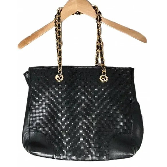 Joan Rivers Slouchy Black Faux Leather Woven Tote Shoulder Bag Gold Chain Strap - Picture 1 of 9